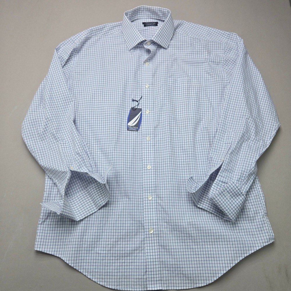 Nautica Button Down Shirt Classic Fit Check White Blue Burgundy Mens 17.5 34/35